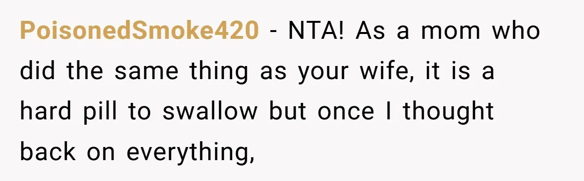 PoisonedSmoke420 − NTA! As a mom who did the same thing as your wife, it is a hard pill to swallow but once I thought back on everything,