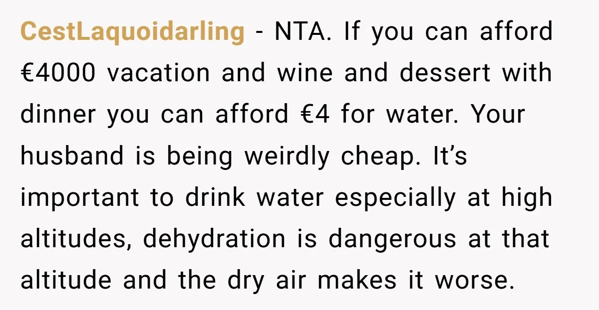 CestLaquoidarling − NTA. If you can afford €4000 vacation and wine and dessert with dinner you can afford €4 for water. Your husband is being weirdly cheap. It’s important to...