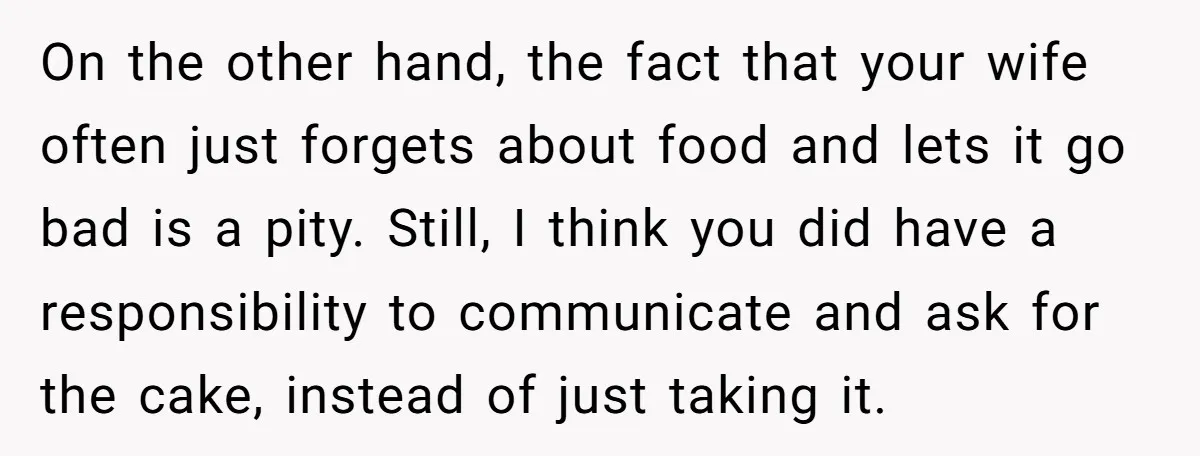On the other hand, the fact that your wife often just forgets about food and lets it go bad is a pity. Still, I think you did have a responsibility...
