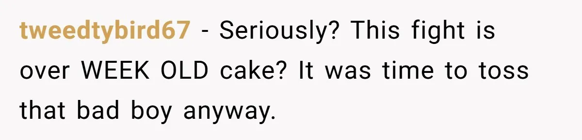 tweedtybird67 − Seriously? This fight is over WEEK OLD cake? It was time to toss that bad boy anyway.