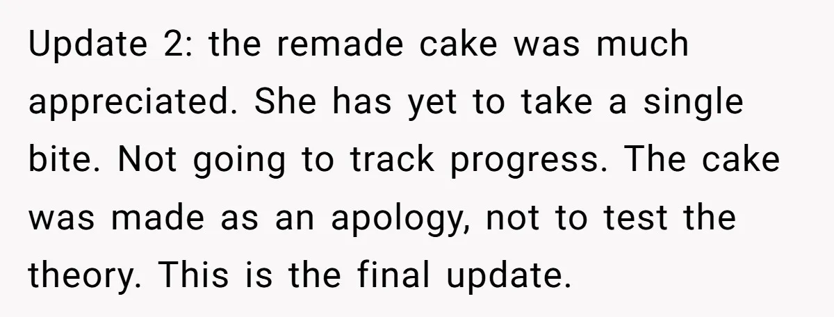 Update 2: the remade cake was much appreciated. She has yet to take a single bite. Not going to track progress. The cake was made as an apology, not to...