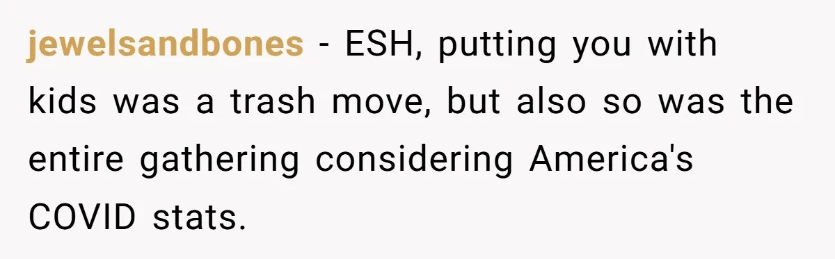 jewelsandbones − ESH, putting you with kids was a trash move, but also so was the entire gathering considering America's COVID stats.