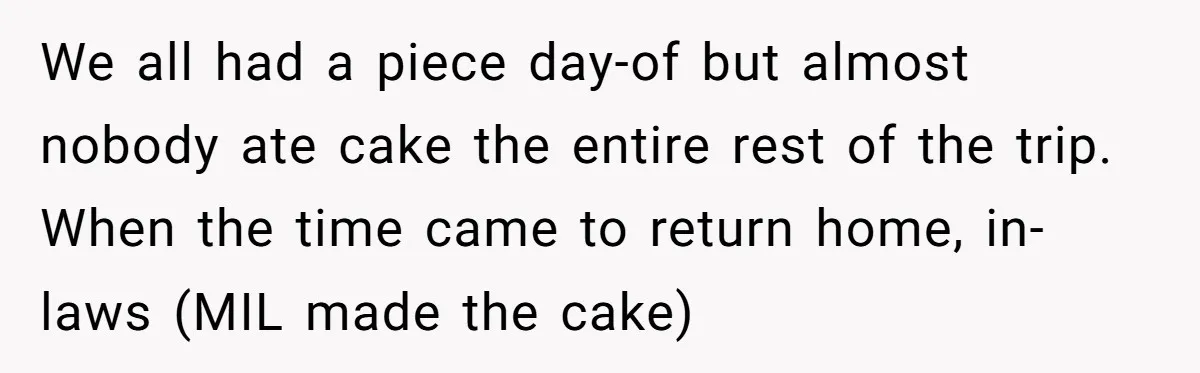 We all had a piece day-of but almost nobody ate cake the entire rest of the trip. When the time came to return home, in-laws (MIL made the cake)