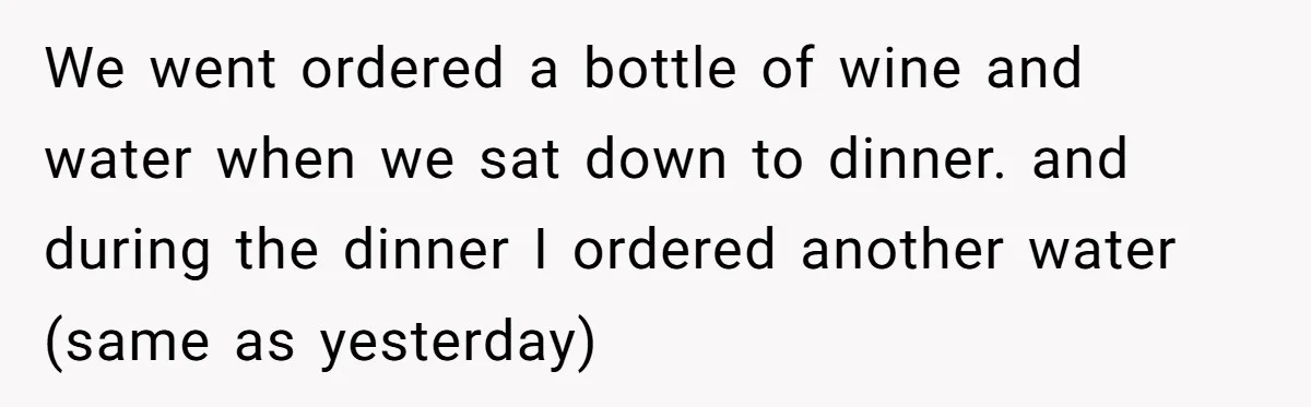 We went ordered a bottle of wine and water when we sat down to dinner. and during the dinner I ordered another water (same as yesterday)