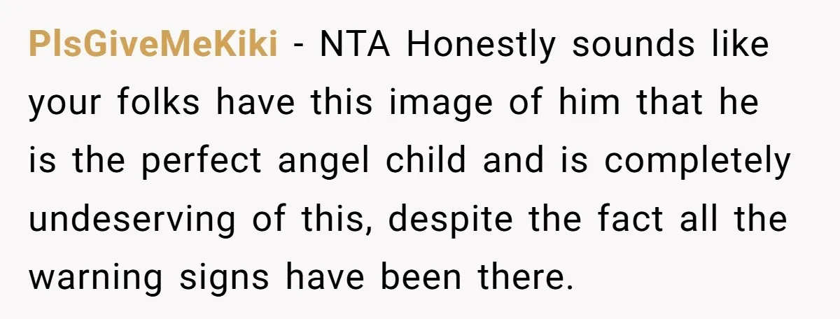 PlsGiveMeKiki − NTA Honestly sounds like your folks have this image of him that he is the perfect angel child and is completely undeserving of this, despite the fact all...