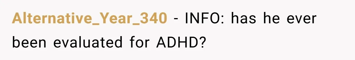 Alternative_Year_340 − INFO: has he ever been evaluated for ADHD?