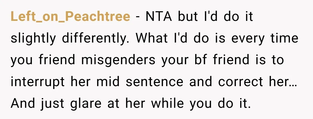 Left_on_Peachtree − NTA but I'd do it slightly differently. What I'd do is every time you friend misgenders your bf friend is to interrupt her mid sentence and correct her…...