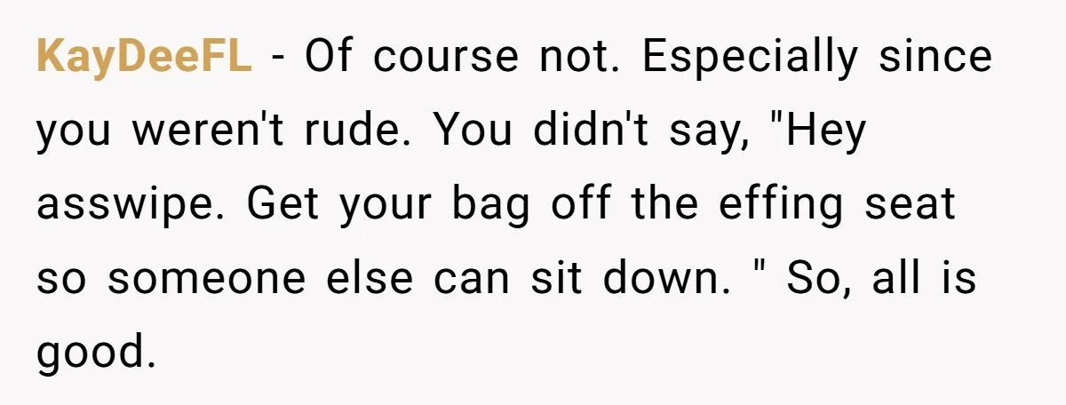 KayDeeFL − Of course not. Especially since you weren't rude. You didn't say, "Hey asswipe. Get your bag off the effing seat so someone else can sit down. " So,...