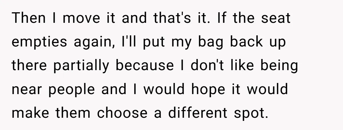 Then I move it and that's it. If the seat empties again, I'll put my bag back up there partially because I don't like being near people and I would...
