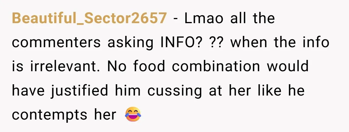 Beautiful_Sector2657 − Lmao all the commenters asking INFO? ?? when the info is irrelevant. No food combination would have justified him cussing at her like he contempts her 😂