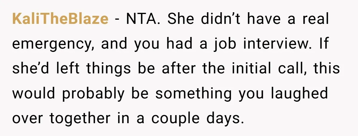 KaliTheBlaze − NTA. She didn’t have a real emergency, and you had a job interview. If she’d left things be after the initial call, this would probably be something you...