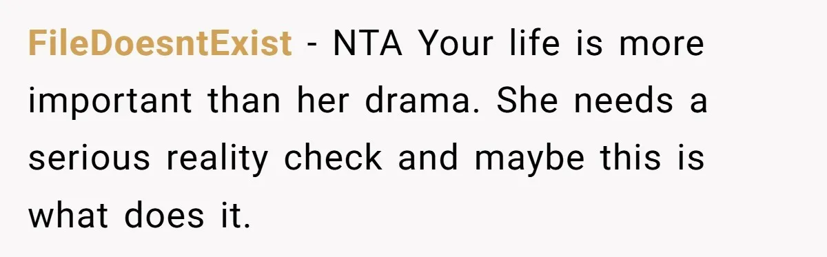 FileDoesntExist − NTA Your life is more important than her drama. She needs a serious reality check and maybe this is what does it.