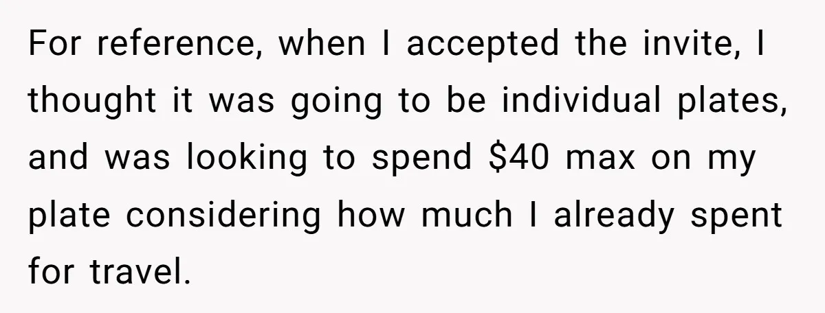 For reference, when I accepted the invite, I thought it was going to be individual plates, and was looking to spend $40 max on my plate considering how much I...