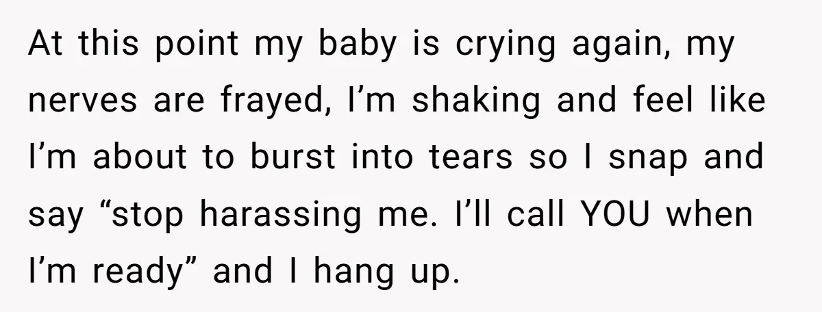 At this point my baby is crying again, my nerves are frayed, I’m shaking and feel like I’m about to burst into tears so I snap and say “stop harassing...