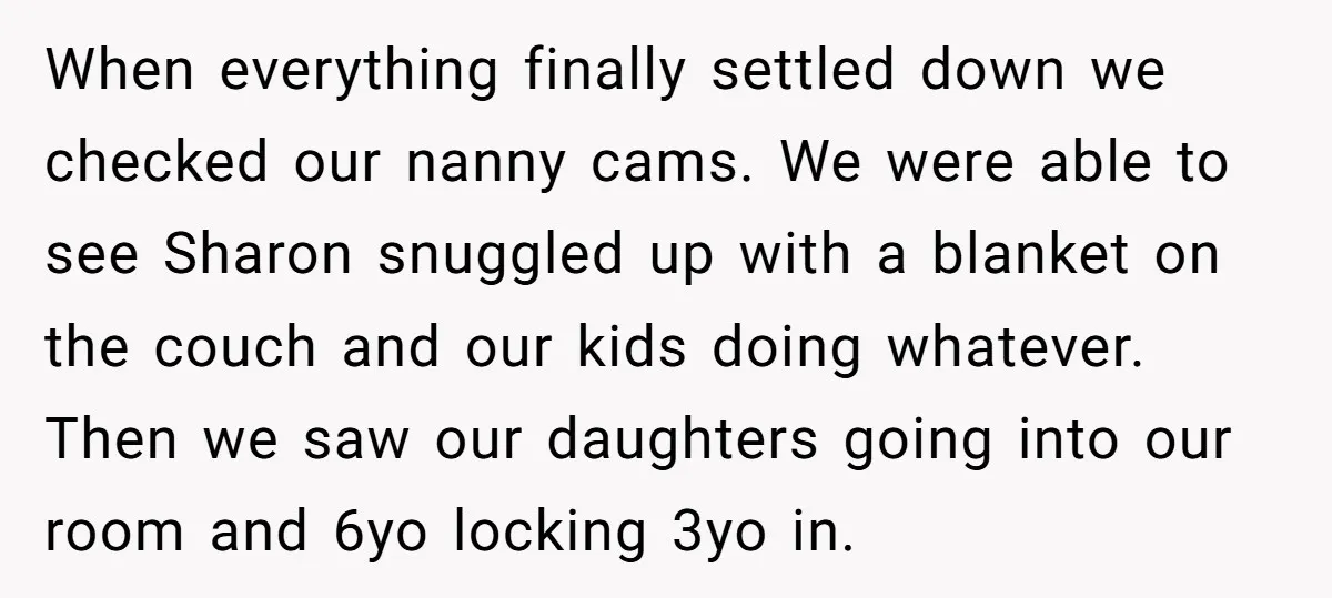 When everything finally settled down we checked our nanny cams. We were able to see Sharon snuggled up with a blanket on the couch and our kids doing whatever. Then...