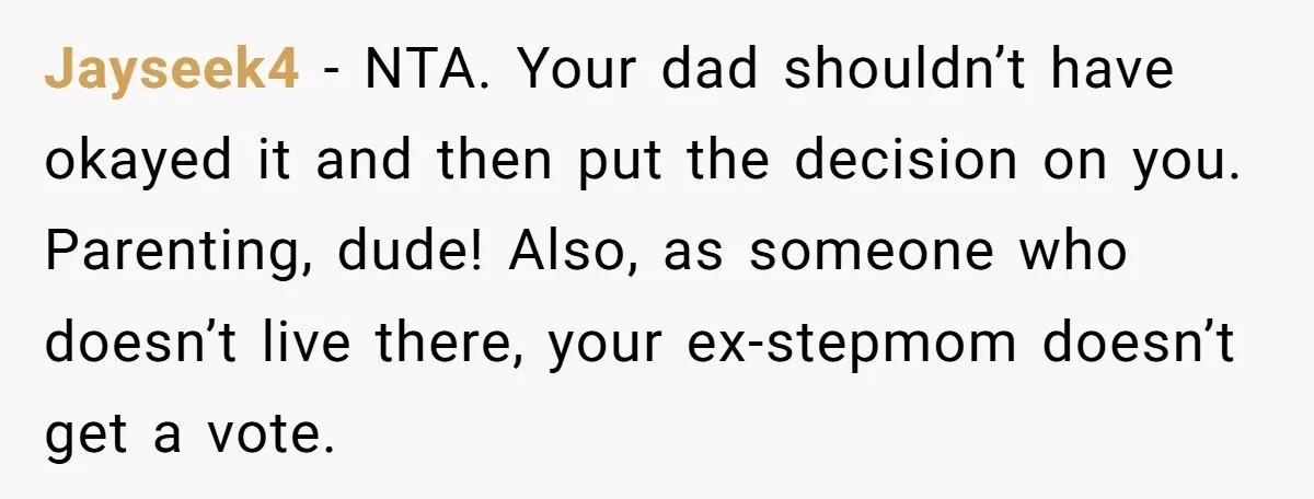 Jayseek4 − NTA. Your dad shouldn’t have okayed it and then put the decision on you. Parenting, dude! Also, as someone who doesn’t live there, your ex-stepmom doesn’t get a...