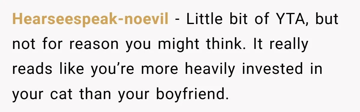 Hearseespeak-noevil − Little bit of YTA, but not for reason you might think. It really reads like you’re more heavily invested in your cat than your boyfriend.