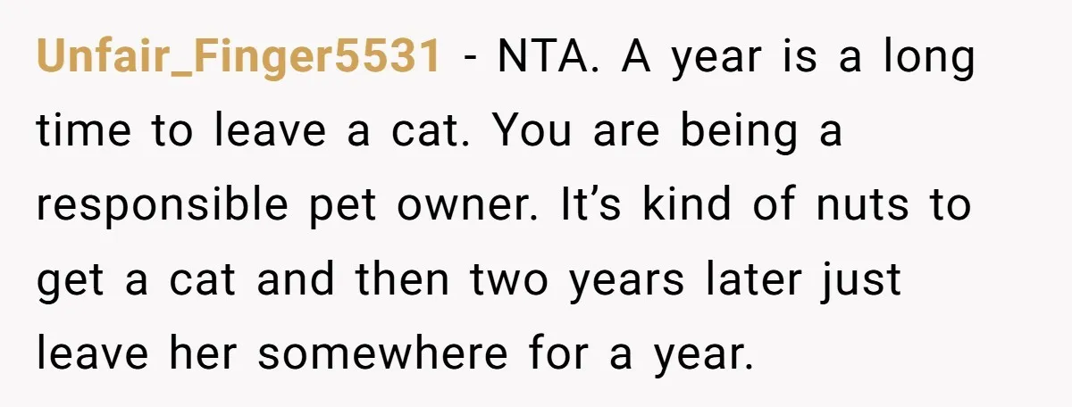 Unfair_Finger5531 − NTA. A year is a long time to leave a cat. You are being a responsible pet owner. It’s kind of nuts to get a cat and then...