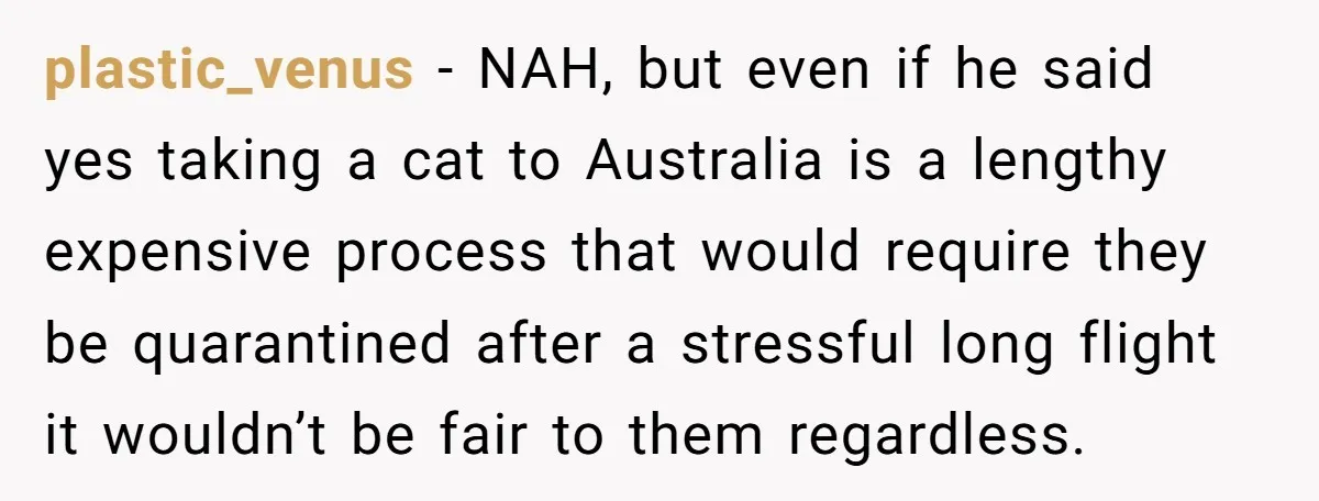 plastic_venus − NAH, but even if he said yes taking a cat to Australia is a lengthy expensive process that would require they be quarantined after a stressful long flight...