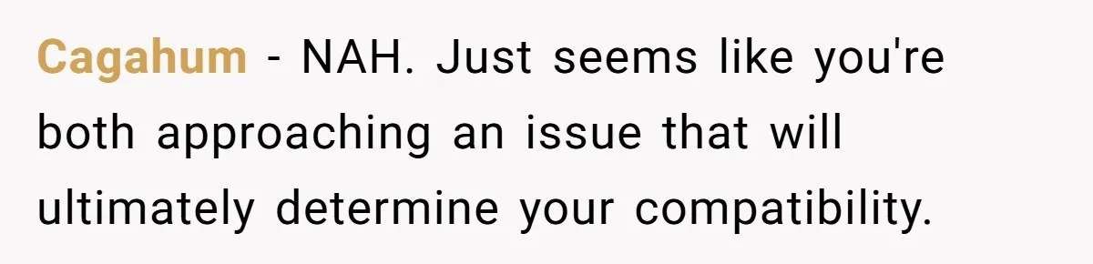 Cagahum − NAH. Just seems like you're both approaching an issue that will ultimately determine your compatibility.