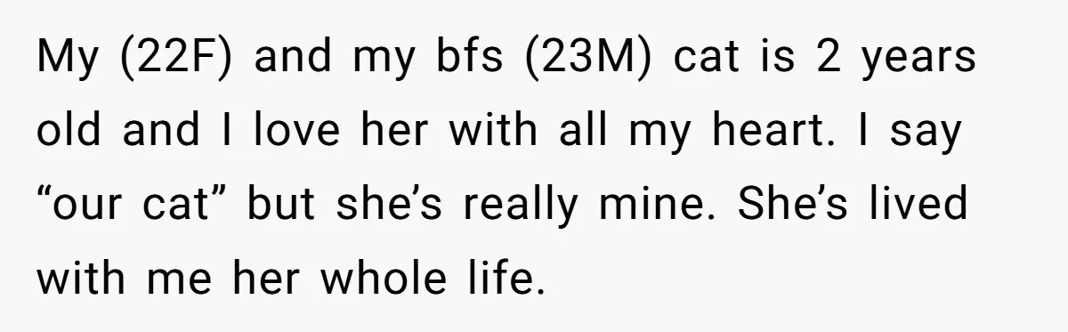 My (22F) and my bfs (23M) cat is 2 years old and I love her with all my heart. I say “our cat” but she’s really mine. She’s lived with...