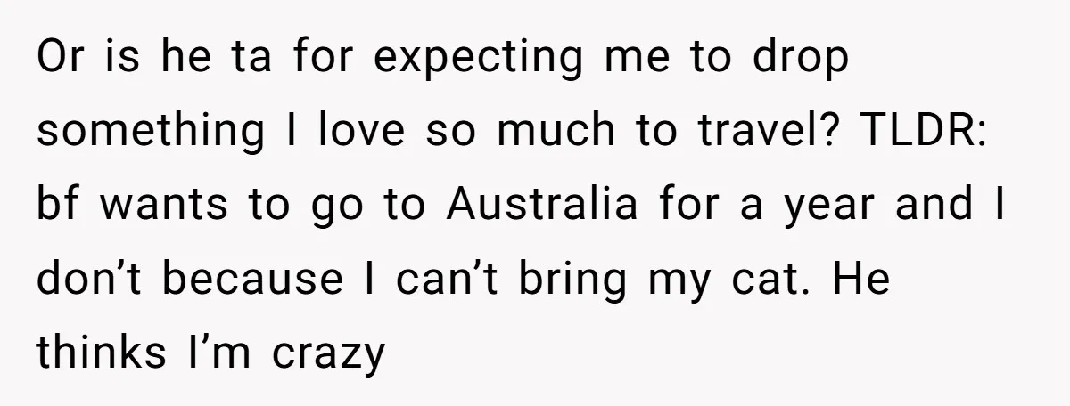 Or is he ta for expecting me to drop something I love so much to travel? TLDR: bf wants to go to Australia for a year and I don’t because...