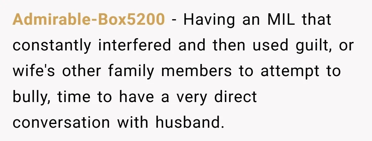 Admirable-Box5200 − Having an MIL that constantly interfered and then used guilt, or wife's other family members to attempt to bully, time to have a very direct conversation with husband.