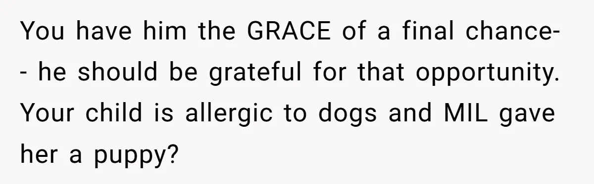 You have him the GRACE of a final chance-- he should be grateful for that opportunity. Your child is allergic to dogs and MIL gave her a puppy?