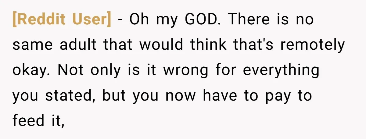 [Reddit User] − Oh my GOD. There is no same adult that would think that's remotely okay. Not only is it wrong for everything you stated, but you now have...