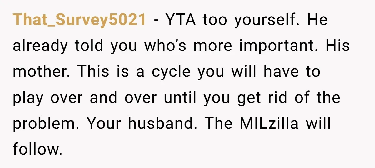 That_Survey5021 − YTA too yourself. He already told you who’s more important. His mother. This is a cycle you will have to play over and over until you get rid...