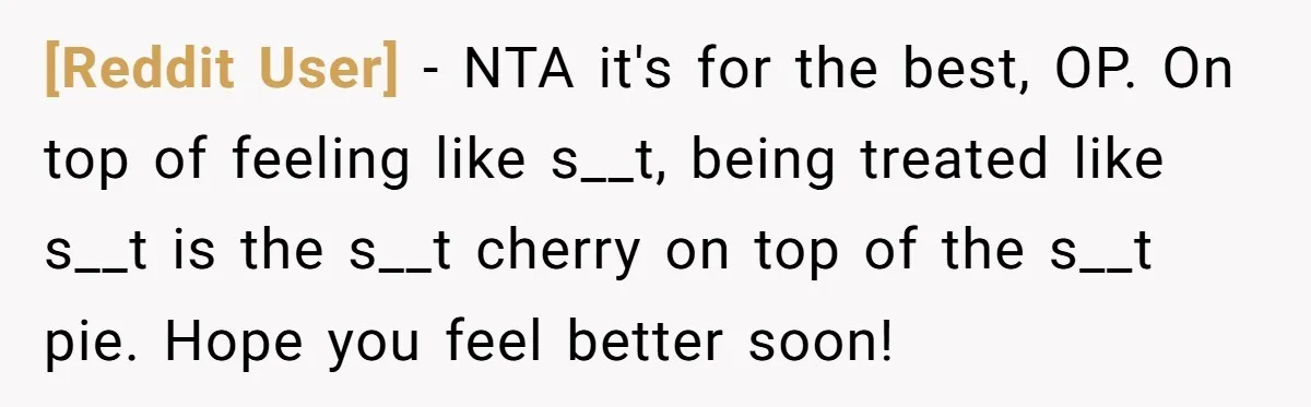 [Reddit User] − NTA it's for the best, OP. On top of feeling like s__t, being treated like s__t is the s__t cherry on top of the s__t pie. Hope...