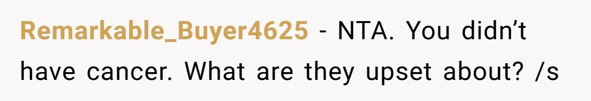 Remarkable_Buyer4625 − NTA. You didn’t have cancer. What are they upset about? /s
