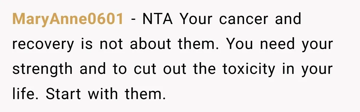 MaryAnne0601 − NTA Your cancer and recovery is not about them. You need your strength and to cut out the toxicity in your life. Start with them.