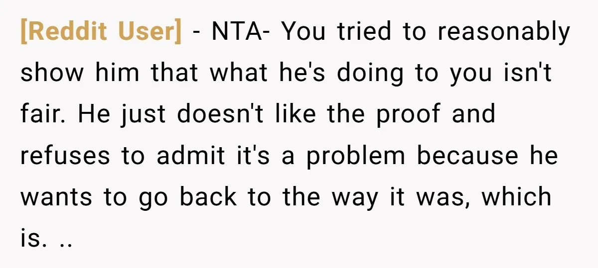 [Reddit User] − NTA- You tried to reasonably show him that what he's doing to you isn't fair. He just doesn't like the proof and refuses to admit it's a...