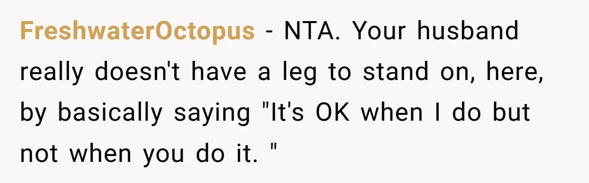 FreshwaterOctopus − NTA. Your husband really doesn't have a leg to stand on, here, by basically saying "It's OK when I do but not when you do it. "
