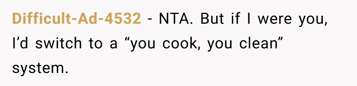 Difficult-Ad-4532 − NTA. But if I were you, I’d switch to a “you cook, you clean” system.