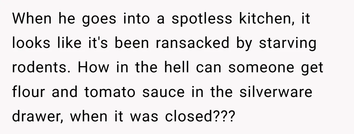 When he goes into a spotless kitchen, it looks like it's been ransacked by starving rodents. How in the hell can someone get flour and tomato sauce in the silverware...