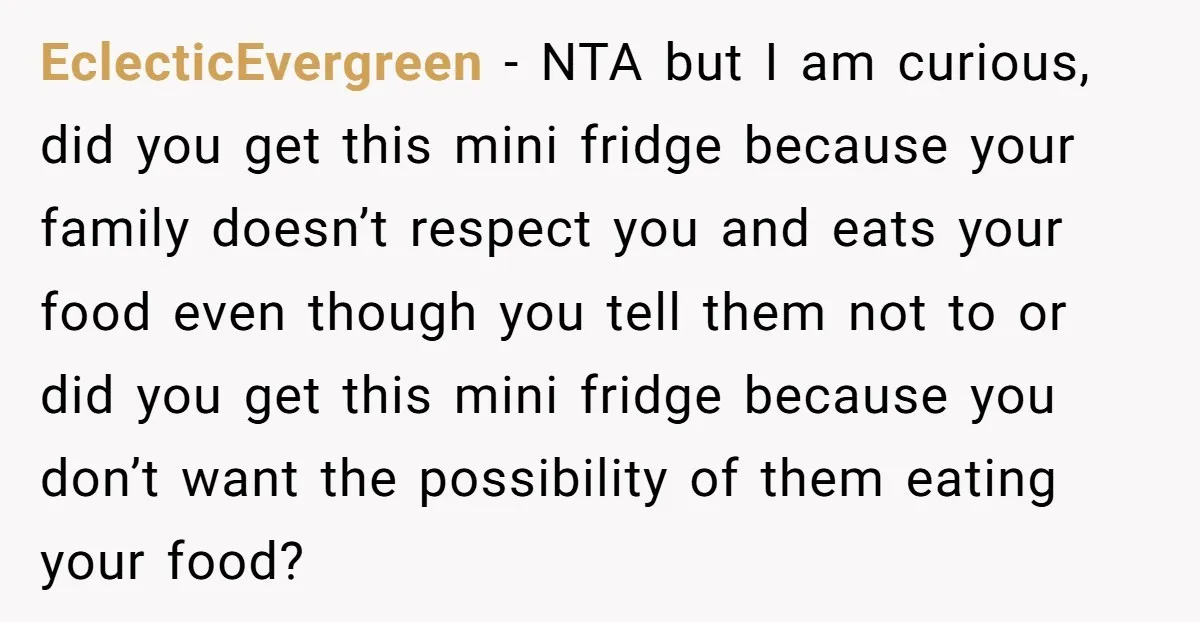 EclecticEvergreen − NTA but I am curious, did you get this mini fridge because your family doesn’t respect you and eats your food even though you tell them not to...