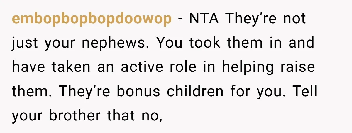 embopbopbopdoowop − NTA They’re not just your nephews. You took them in and have taken an active role in helping raise them. They’re bonus children for you. Tell your brother...