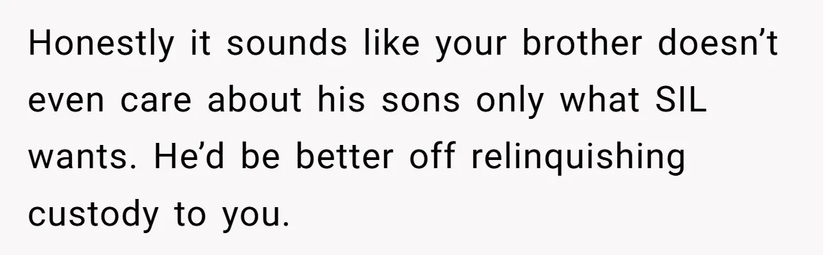 Honestly it sounds like your brother doesn’t even care about his sons only what SIL wants. He’d be better off relinquishing custody to you.