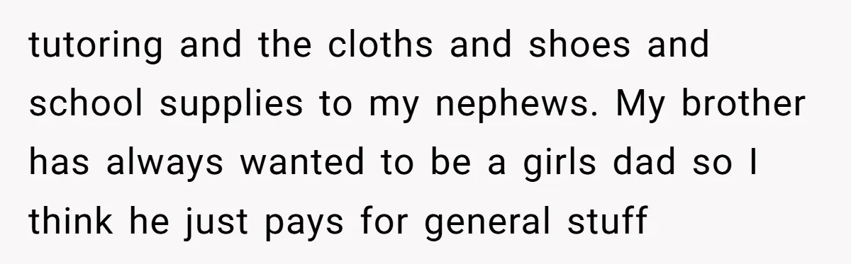 tutoring and the cloths and shoes and school supplies to my nephews. My brother has always wanted to be a girls dad so I think he just pays for general...