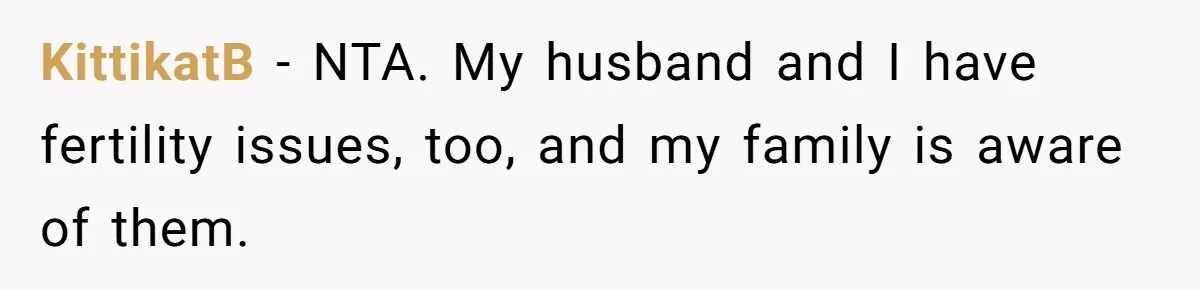KittikatB − NTA. My husband and I have fertility issues, too, and my family is aware of them.