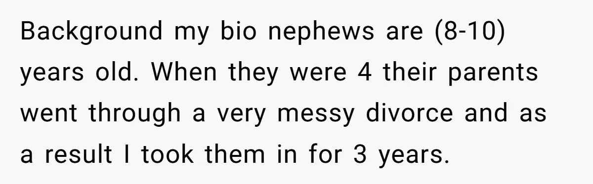 Background my bio nephews are (8-10) years old. When they were 4 their parents went through a very messy divorce and as a result I took them in for 3...