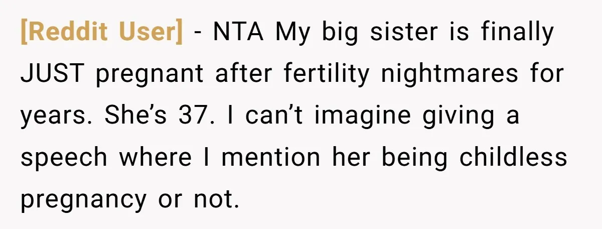 [Reddit User] − NTA My big sister is finally JUST pregnant after fertility nightmares for years. She’s 37. I can’t imagine giving a speech where I mention her being childless...