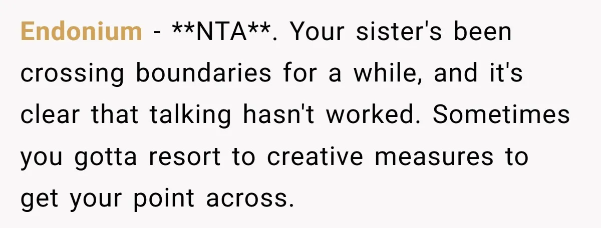 Endonium − **NTA**. Your sister's been crossing boundaries for a while, and it's clear that talking hasn't worked. Sometimes you gotta resort to creative measures to get your point across.