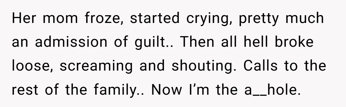 Her mom froze, started crying, pretty much an admission of guilt.. Then all hell broke loose, screaming and shouting. Calls to the rest of the family.. Now I’m the a__hole.