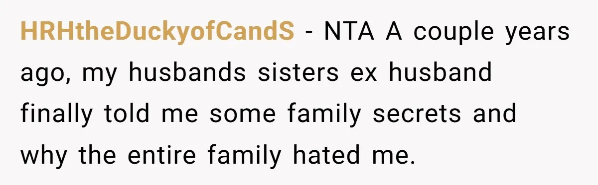 HRHtheDuckyofCandS − NTA A couple years ago, my husbands sisters ex husband finally told me some family secrets and why the entire family hated me.