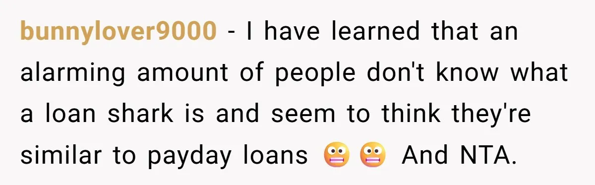 bunnylover9000 − I have learned that an alarming amount of people don't know what a loan shark is and seem to think they're similar to payday loans 😬😬 And NTA.