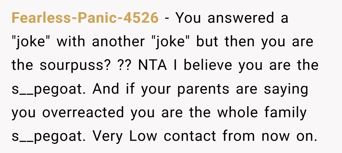Fearless-Panic-4526 − You answered a "joke" with another "joke" but then you are the sourpuss? ?? NTA I believe you are the s__pegoat. And if your parents are saying you...