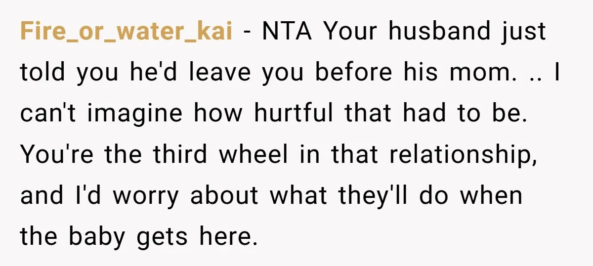 Fire_or_water_kai − NTA Your husband just told you he'd leave you before his mom. .. I can't imagine how hurtful that had to be. You're the third wheel in that...